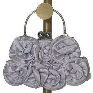 Going Out Kiss lock Clutch NWT Satin 3D Rose Motif Evening Purse Silver